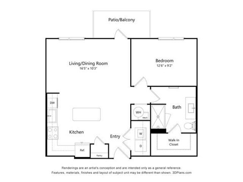Floor plan for 1 bed, 1 bath, 873 sqft